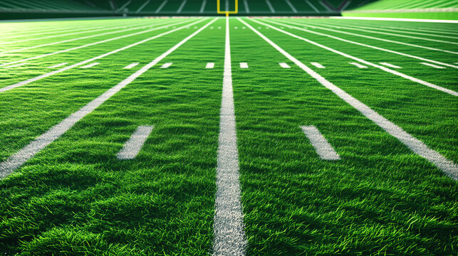 close-up of a American football field with yard lines and grass texture, and a goalpost in the distance under bright stadium lights