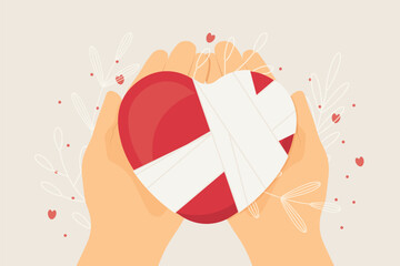 heart with bandage on opened hands; unhappy love, Valentine's Day concept - vector illustration
