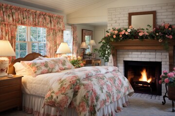 Cottage style bedroom with a cozy fireplace, floral decor, and vintage furnishings.