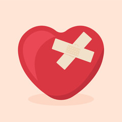 heart with band-aid plaster; broken heart, unhappy love, Valentine's Day concept - vector illustration