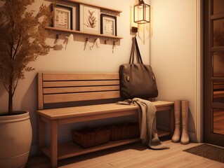 Cozy entryway with a welcoming bench, soft lighting, and storage for a warm first impression.