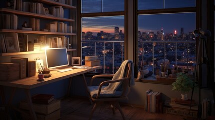 Cozy study corner with a comfortable chair, warm lighting, and a clutter-free workspace.