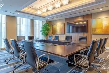 Executive business room with a long conference table, ergonomic chairs, and state of the art