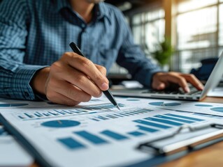 Fototapeta premium Financial analyst man working on data analysis and charts in a contemporary business environment.