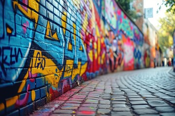Naklejka premium Tętniąca życiem ulica artystyczna ze ścianami pokrytymi graffiti