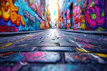 Naklejka premium Vibrant art street with graffiti covered walls