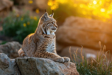 Naklejka na ściany i meble The elegance of a Bobcat in the warm glow of the sunset