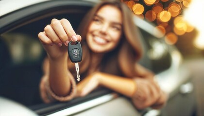 Happy woman buying new car - Delightful girl showing auto keys to the camera - Automobile industry and rental car concept - obrazy, fototapety, plakaty