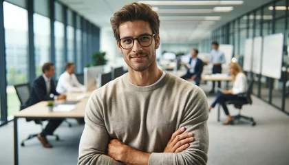 Fotobehang Successful business man standing with arms crossed in a boardroom with his team © ibreakstock