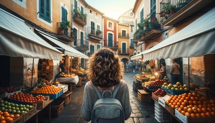 Solo travel adventure - Young backpacker girl exploring the streets of an old town in Spain