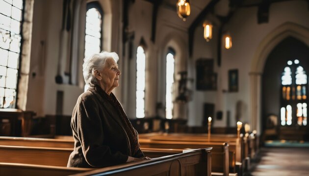 Natural Light In A Church Illuminates An Old Woman Praying