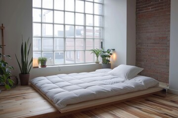 
Serene minimalist bedroom with a platform bed, Japanese-inspired decor, and calming natural elements.