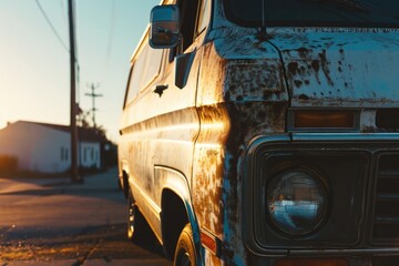 An old van parked on the side of the road. Can be used to depict vintage transportation or abandoned vehicles. - Powered by Adobe