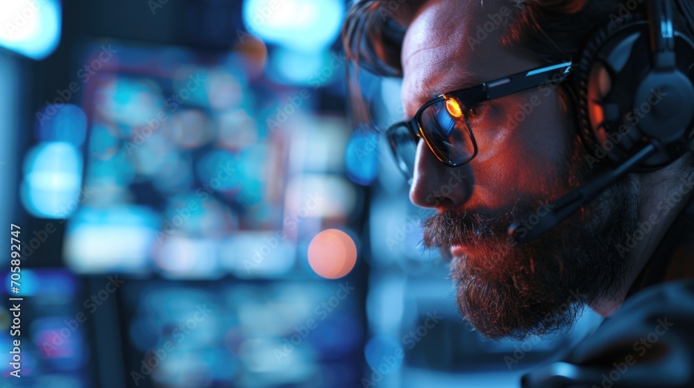 Poster A man wearing a headset and glasses is seated in front of a computer. This image can be used to depict a professional working in a call center or customer service role
