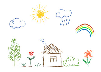 Fototapeta premium Drawings are drawn by a child's hand with colored pencils. House sun clouds rainbow flowers tree. Simple drawings, lines on a white background