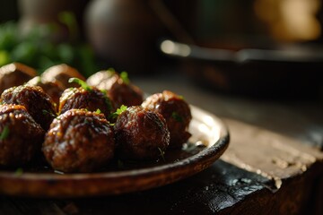 A plate of meatballs displayed on a rustic wooden table. Perfect for food and cooking themes