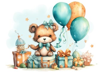 Fototapeta premium Brown Teddy Bear Sitting on Top of Pile of Presents