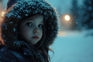 A little girl wearing a jacket and scarf in the snow. Perfect for winter-themed projects