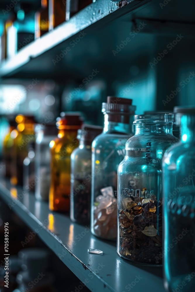 Poster glass jars neatly arranged on a shelf. ideal for storage and organization purposes