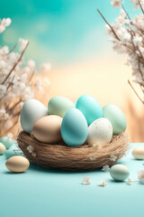 Spring backdrop. Celebrating Easter, holiday greeting card mockup with flowers and colored eggs.