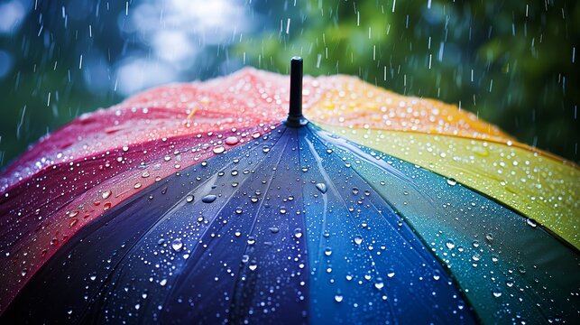 Close-Up of Raindrops on rainbow Umbrella.