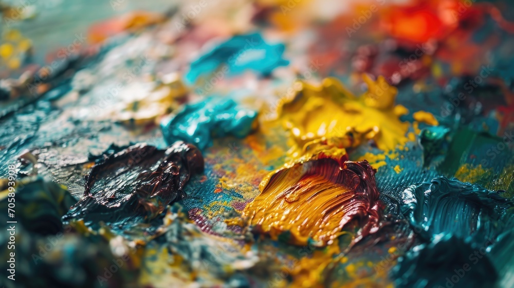 Poster A detailed close-up of a canvas with layers of vibrant paint. Perfect for adding a pop of color to any project