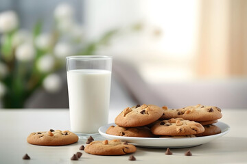 Cookies with chocolate on a white plate and fresh milk in a glass on a light table. An idea for a children's breakfast or snack.