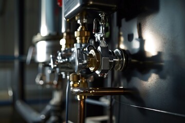 A detailed view of a collection of valves mounted on a wall. This image can be used to illustrate plumbing systems, industrial machinery, or construction projects.
