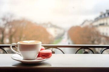A cup of coffee with a large pink macaron stands on a table overlooking the city.