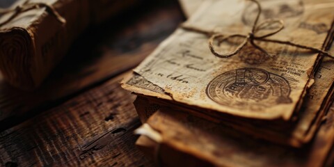 A stack of old books sitting on top of a wooden table. Suitable for educational or vintage-themed projects