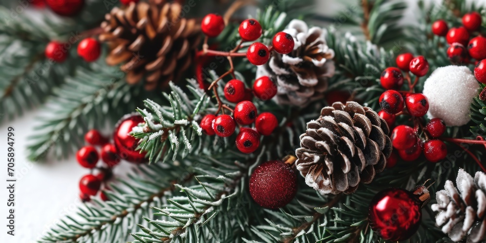 Poster A close-up view of a bunch of pine cones and berries. This image can be used to add a natural touch to winter-themed designs or to enhance rustic and seasonal projects
