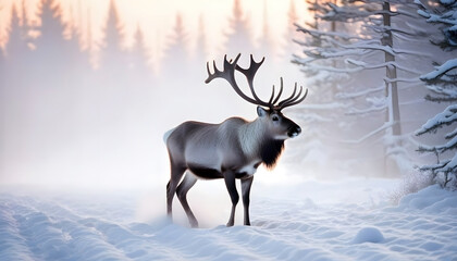 Beautiful reindeer with big antlers walks among the snow in the forest.