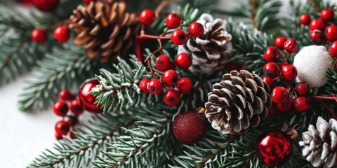 A close-up view of a bunch of pine cones and berries. This image can be used to add a natural touch to winter-themed designs or to enhance rustic and seasonal projects