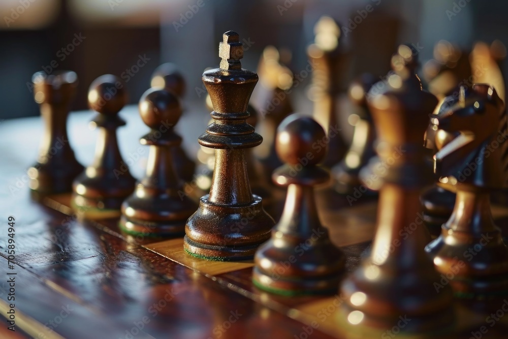 Poster a detailed view of a chess board with numerous pieces. suitable for illustrating strategic planning 