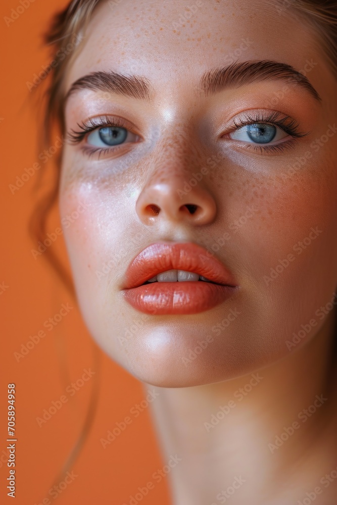 Poster a close-up view of a woman's face with freckles. this image can be used to showcase natural beauty o