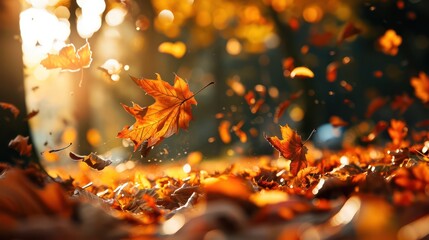 Autumn Leaves Falling with Golden Sunlight