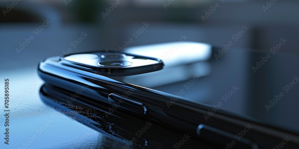 Poster A close-up view of a cell phone resting on a table. Perfect for illustrating technology and communication concepts