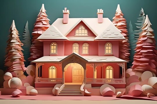 acogedora y hermosa Villa, casa antigua echa de papel tipo maqueta.