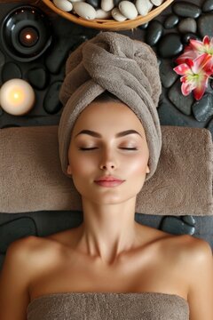 Beautiful young woman getting hot stone massage in spa salon
