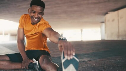 Black man, stretching legs for fitness and workout outdoor, happy runner or athlete, start training for health in portrait. Muscle, warm up and ready for exercise with cardio, sports and challenge
