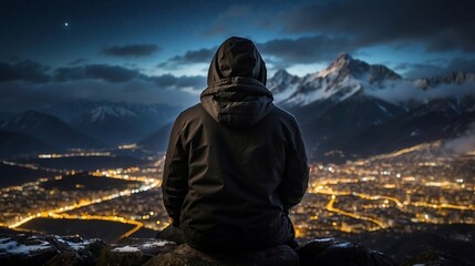 Man in black hooded hat sitting on a rock and looking the city lights from top of mountain in cold snowy weather created with generative ai	 - obrazy, fototapety, plakaty
