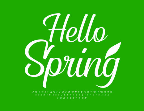 Vector seasonal card Hello Spring with decorative Leaf. White cursive Font. Elegant Alphabet Letters and Numbers set.