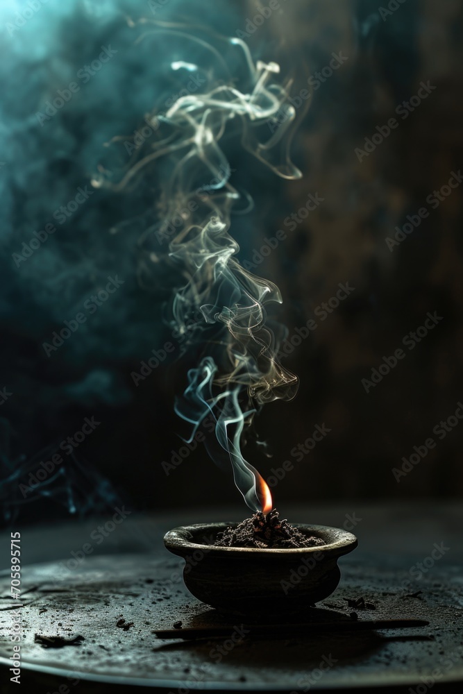 Poster a lit incense stick in a bowl with smoke coming out of it. perfect for creating a peaceful and calmi