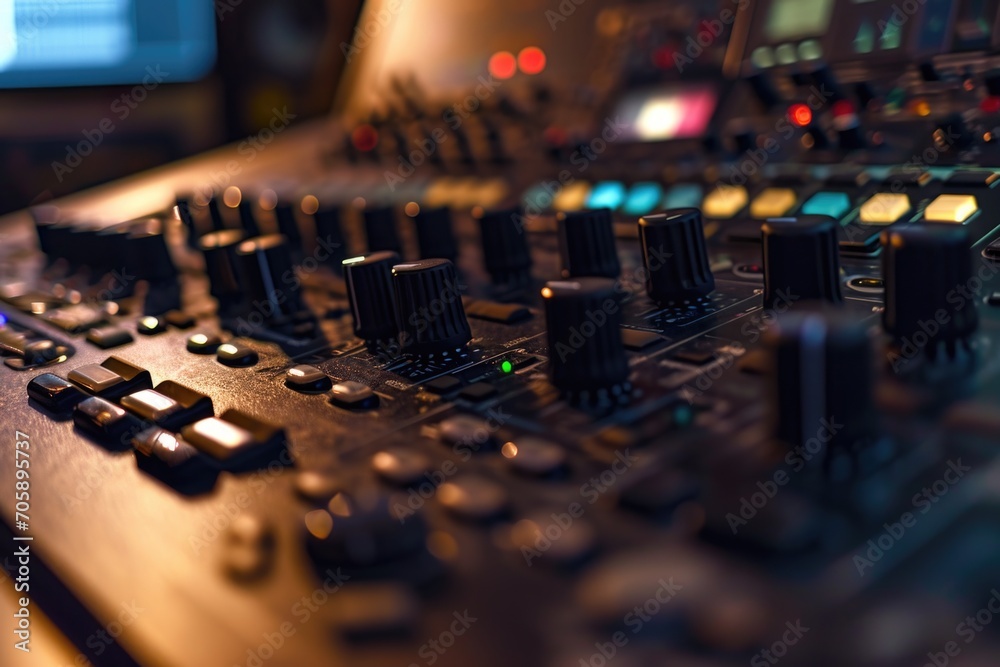 Poster A close up view of a control board in a recording studio. Can be used to depict the technical aspects of music production