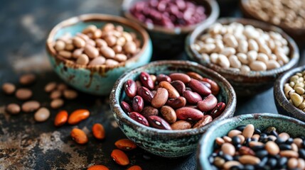 Culinary Canvas of Beans: Unveil the culinary artistry of various beans, each a protein-rich gem, featuring chickpeas, lentils, black beans, kidney beans, and pinto beans in a diverse and nutritious s - obrazy, fototapety, plakaty