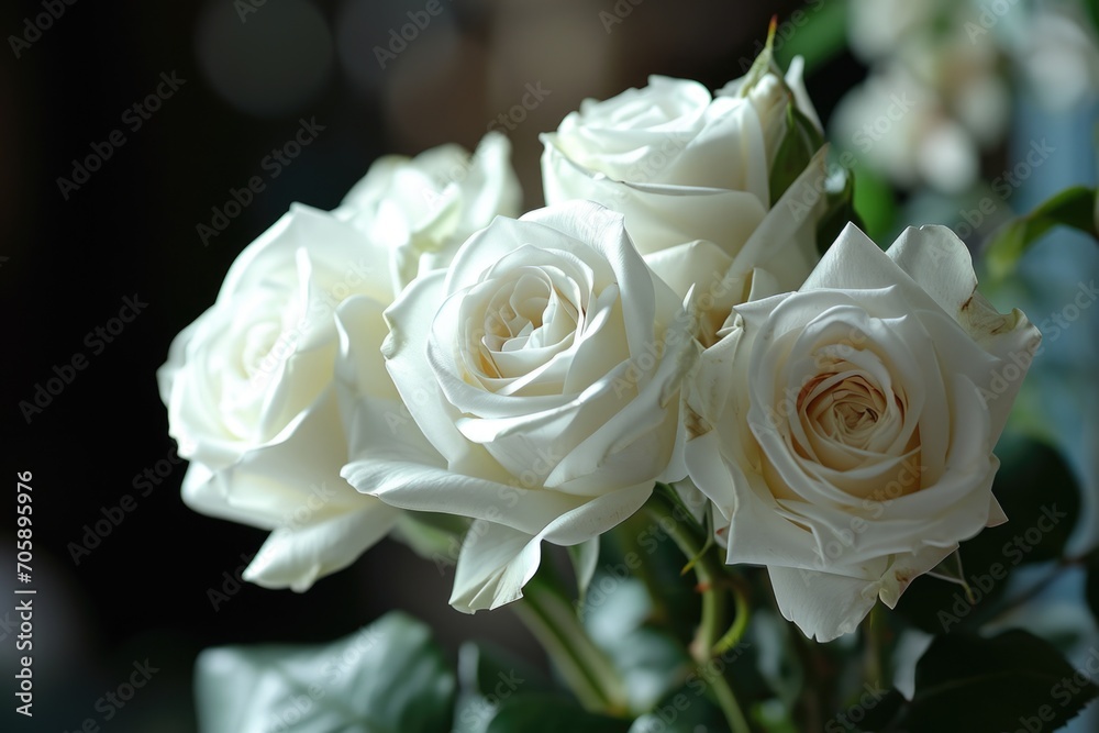 Poster a beautiful arrangement of white roses in a vase. perfect for adding elegance and freshness to any s