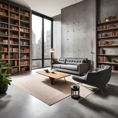 3d render of a modern library, A spacious living room with a grey sofa, a fireplace, and bookshelves against a concrete wall
