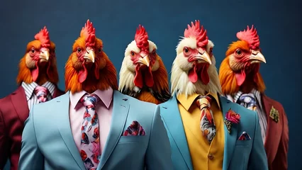 Foto op Plexiglas Rooster bird in a group, vibrant bright fashionable formal suits outfits isolated on solid background advertisement, copy text space created with generative ai © Chaudhry