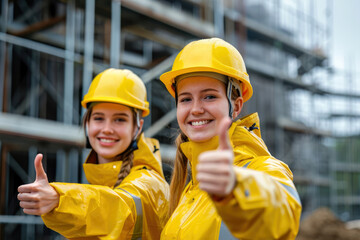 Zwei junge Frauen in Arbeitskleidung auf einer Baustelle mit Daumen nach oben
