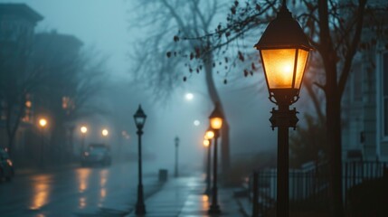 A street light shining in the rain on a dark, wet night. Suitable for various uses